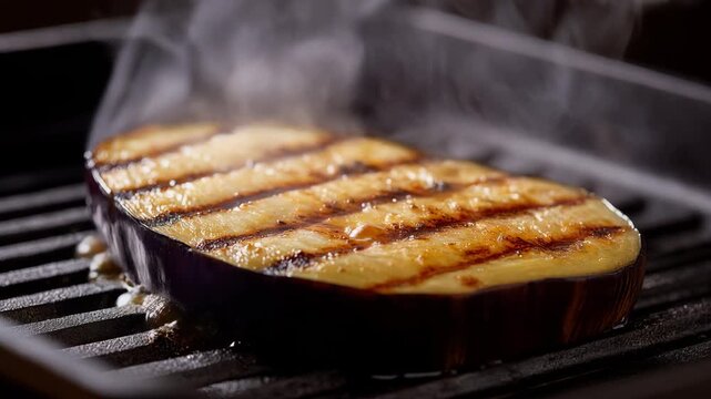 Eggplant slice grilling on hot barbecue grill with smoky steam and char marks forming during outdoor cooking