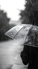 Monochrome Close Up of Transparent Umbrella Covered in Rain Drops with Person in the Background