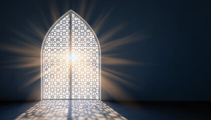 Bright Spiritual Light Shining Through Islamic Geometric Window Pattern in Dark Room