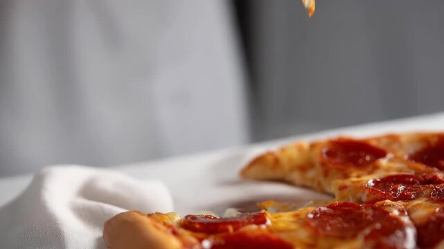 Hand grabbing pepperoni pizza slice with melted cheese stretch on plate in casual home dining scene