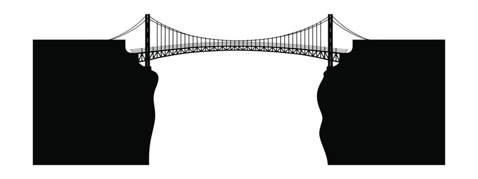 Silhouette of a large suspension bridge connecting two high cliffs against a transparent background
