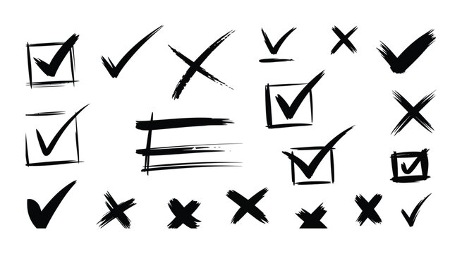 Black ink brush stroke check mark and cross symbols set for test evaluation or survey response in hand drawn charcoal artistic style