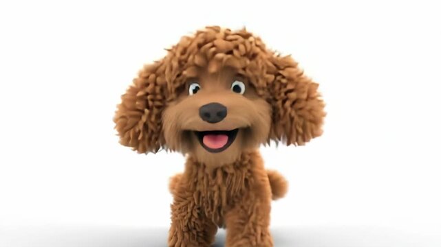 Animated fluffy dog joyfully trotting towards the camera with excited expression