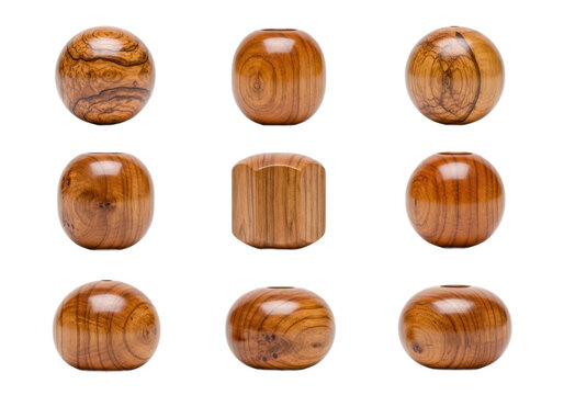 Set of Nine Natural Wooden Beads with Unique Grain Patterns and Smooth Textures Isolated Transparent Background