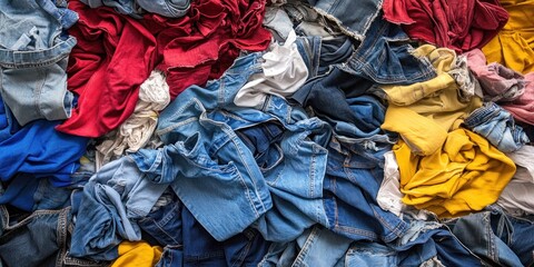 Messy Pile of Colorful Clothes and Denim Jeans