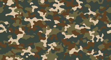 Fototapeta premium Seamless abstract military camouflage pattern with earthy green, brown, and beige tones. Versatile texture for textile design, army uniforms, hunting gear, and outdoor fashion backgrounds