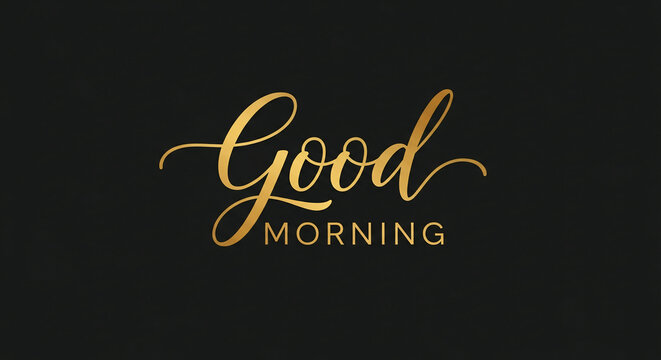 Elegant cursive golden lettering spells Good Morning on a dark background, representing a positive start and optimism, free space for text, banner use