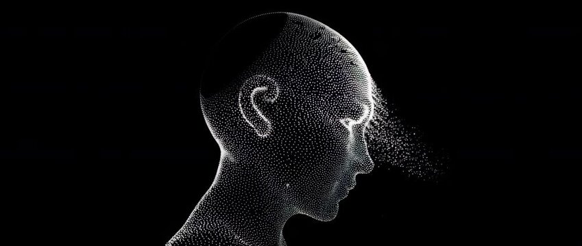 Abstract Digital Illustration of Human Brain Profile Made of Glowing White Particles on Black Background: Artificial Intelligence Concept