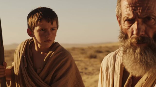Man with a long beard and young boy walking in arid landscape, biblical times journey with a staff