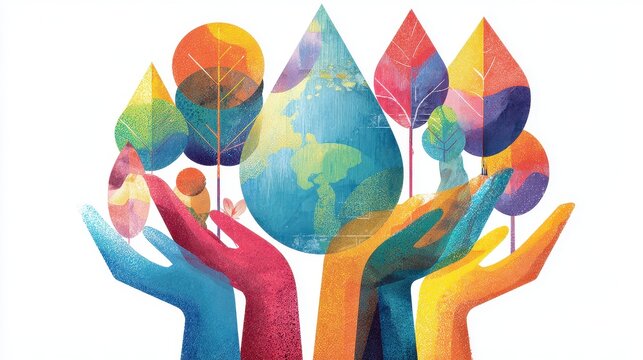 Corporate social responsibility illustration flat design front view sustainability theme water color vivid.