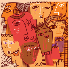 Abstraction face portrait wall art vector illustration. Creative graphic design with shapes, decorative, geometric, line art, cubism, doodle.