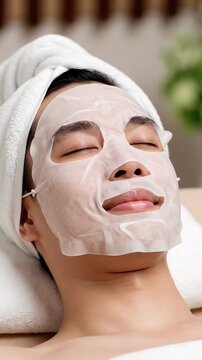 Relaxed man enjoying a rejuvenating facial mask treatment at spa
