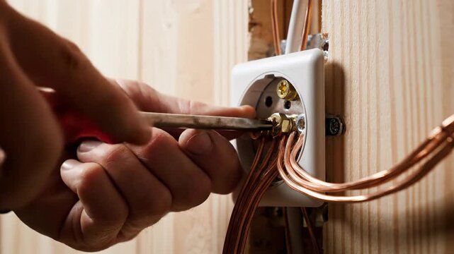 Professional electrician hands tightening copper wiring inside a modern electrical outlet socket installed on a light pale wooden wall panel during a home renovation project in close up.