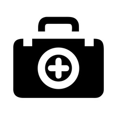 Obraz premium Bold black and white silhouette icon of a first aid kit with a handle and a central cross symbol inside a circle. Clean vector graphic on a plain white background.