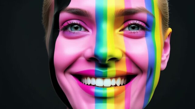 Vibrant rainbow light patterns illuminate smiling face in dynamic closeup sequence