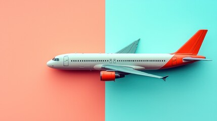 Fototapeta premium Airplane model on pastel background, travel concept, flat lay