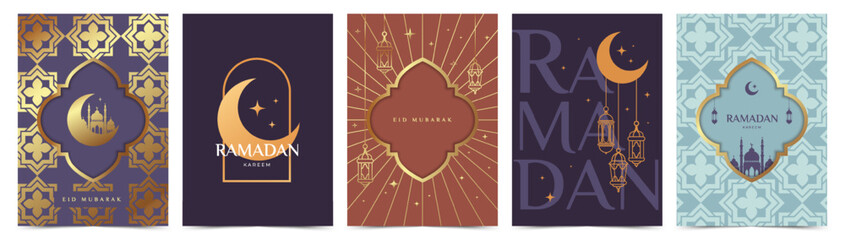 Ramadan Kareem and Eid Mubarak banner set with moon crescent, mosque, lanterns, arches, islamic ornaments. Luxury design template for poster, greeting card, holiday cover, invitation © Svitla