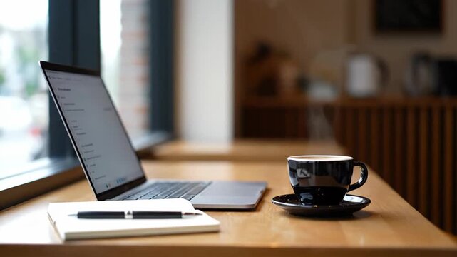 Remote Work Setup with Coffee Laptop Notebook on Wooden Table