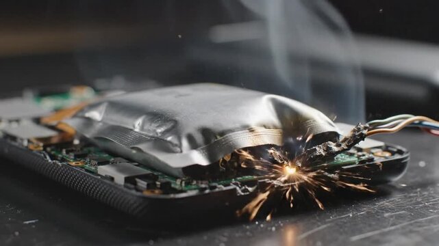 Cinematic close up of a hazardous swollen lithium polymer battery cell bulging inside a fractured portable power bank casing representing fire risk and electronic damage in detailed high quality.
