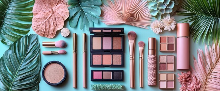 Tropical makeup flatlay beauty products arranged with palm leaves & flowers