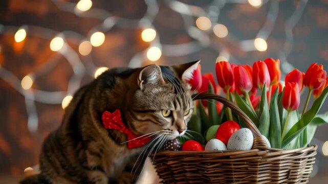 Curious cat with red bowtie explores basket of red tulips and easter eggs in festive setting