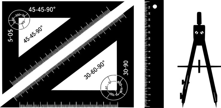 Set of geometric drawing tools: triangles, ruler, compasses for precision design
