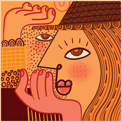 Abstraction face portrait wall art vector illustration. Creative graphic design with shapes, decorative, geometric, line art, cubism, doodle.