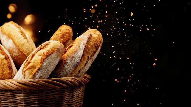 Rustic wicker basket of crusty baguettes with flour dust drifting in warm bakery light on black