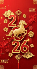 Fototapeta premium Red Chinese New Year 2026 Poster with Golden Horse