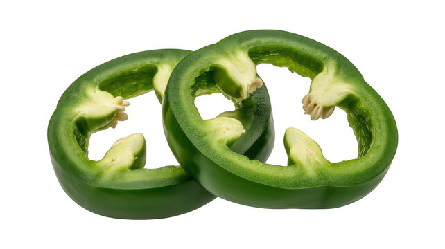 Two green jalapeno pepper slices with seeds and white background transparent background