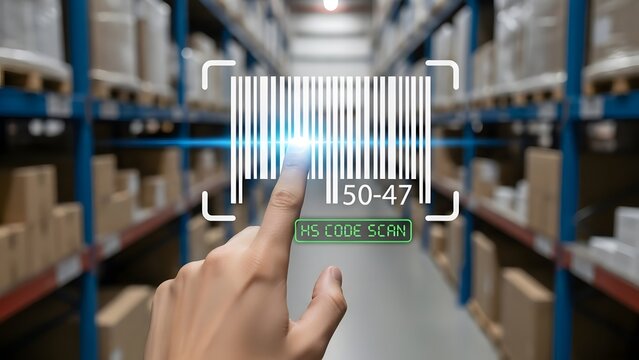 A hand scanning a barcode in a warehouse for inventory management