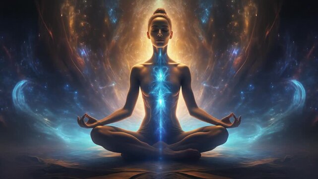 Meditation guide for energy flow through the body in a calming space with visual effects and light