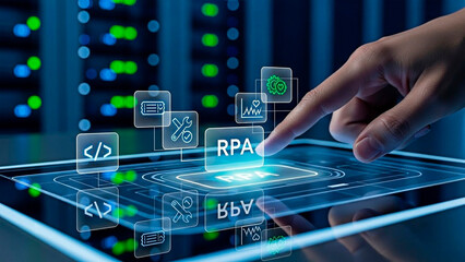 Obraz premium A hand interacting with a futuristic digital interface for robotic process automation