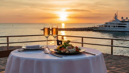 Romantic sunset dinner on the beach, intimate honeymoon table set for two with luxurious cuisine, wine glasses, cozy ambiance, and tropical ocean view
