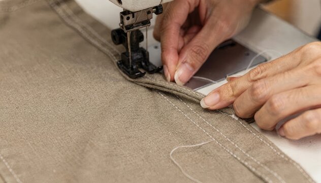 Focused view of a sewing artist applying topstitched hem technique on pant legs highlighting precise edge stitching for durable stylish finishes.