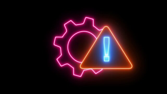 Neon process disruption icon. Bright glowing symbol representing workflow interruption, system breakdown, or halted processes. Futuristic neon design with glowing lines, isolated on a dark background,