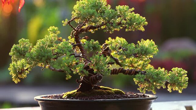 Bonsai Juniper in Black Pot Close-up in Sunset Light
