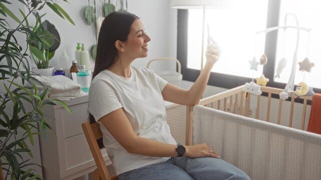 Woman holds smartphone and waves toward cradle in bedroom while smiling at screen; gentle motherhood serenity.