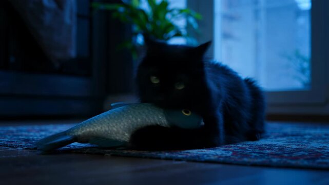 Black cat plays with a toy fish at home in soft evening light