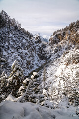The Gleiersch Gorge in winter with snow, ice, and hanging icicles.