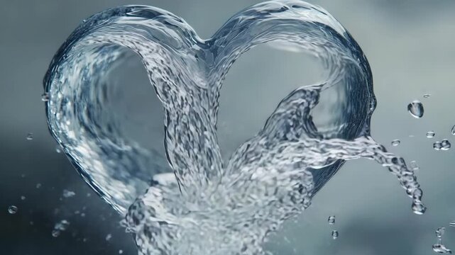 Heart shaped splash of water creates beautiful and dynamic visual effect against a grey background