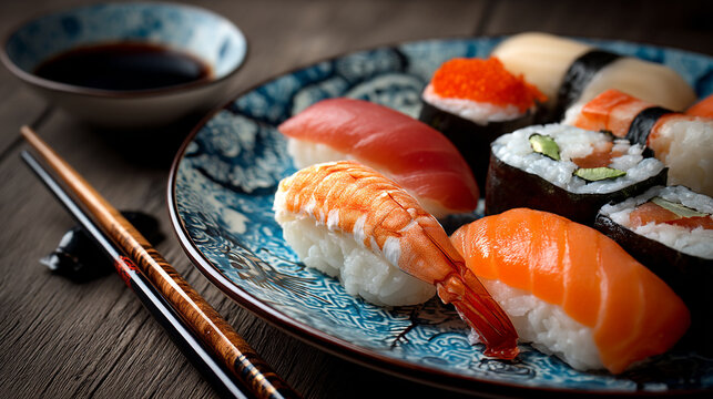 A plate of assorted sushi and maki rolls with chopsticks on a wooden table with soy sauce