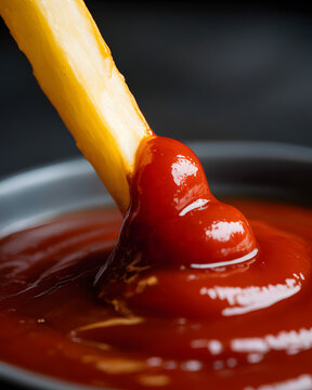 Golden french fry dipped into thick bright red tomato ketchup sauce closeup