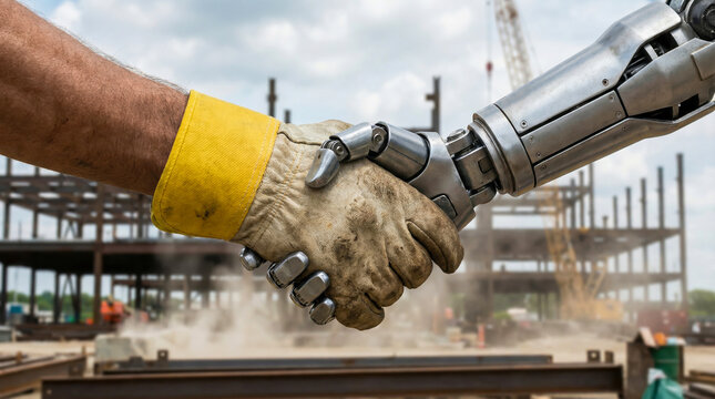 Builder's hand shaking with a anthropomorphiс builder robot's hand on a blurred background of a construction site. Symbolizes the coordinated work of robots and people.