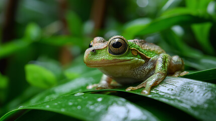 Environmental conservation featuring forest ecosystem preservation and endangered amphibian species, rare frog perched on foliage in humid preserved habitat, biodiversity protection, with