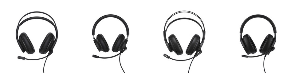 Four black headphones with microphones in a row on white isolated on transparent background