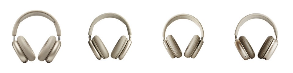 Four silver headphones on transparent background