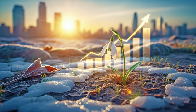 Snowdrop flower pushing through snow with rising arrow graph. Concept of business growth, financial recovery, and new begining.