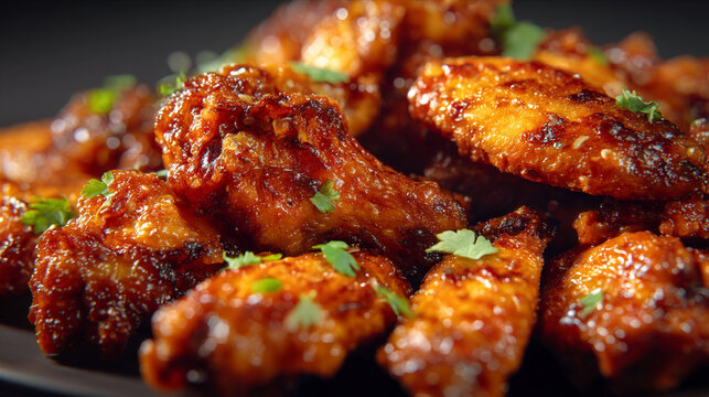 A plate of crispy and spicy chicken wings garnished with fresh herbs on a dark background