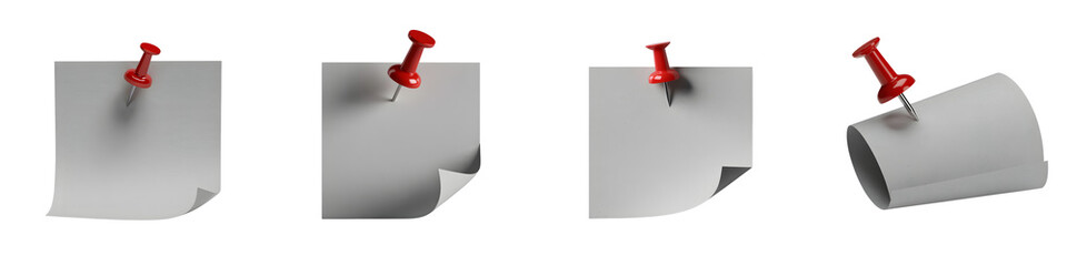 Four gray sheets of paper with red clips on transparent background